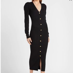 Black Express Ribbed Puff Sleeve Button Front Sweater Dress NWOT